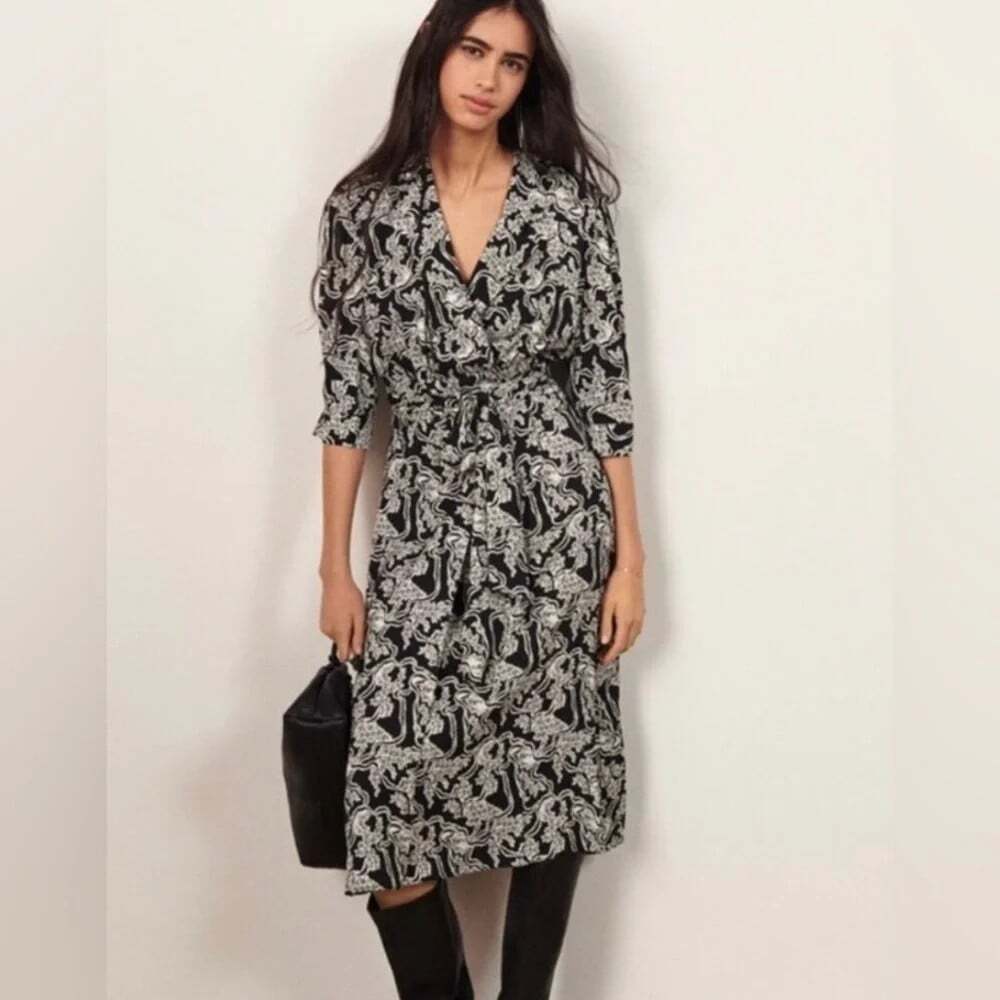 BA&SH Loa Size 8 Black/Cream Midi Dress Vintage-Inspired Parisian Wedding Guest